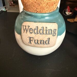 Ceramic Wedding Fund Jar - Teal and White